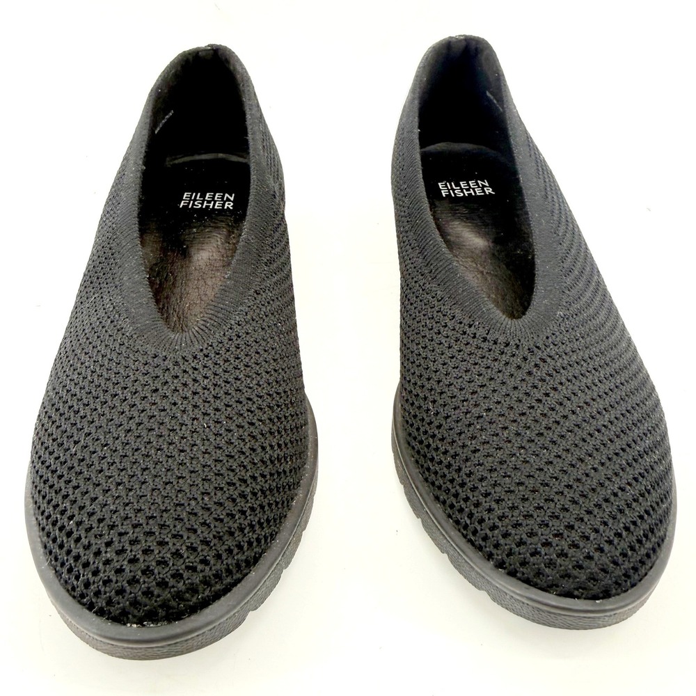 Eileen Fisher Knit Loafers Womens 7.5 Black New Stretch V-Neck Flats Comfort - Picture 5 of 8